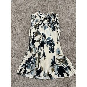 DKNY Dress Small Cream Cottagecore Pleated Floral Print Sleeveless Tie Collar